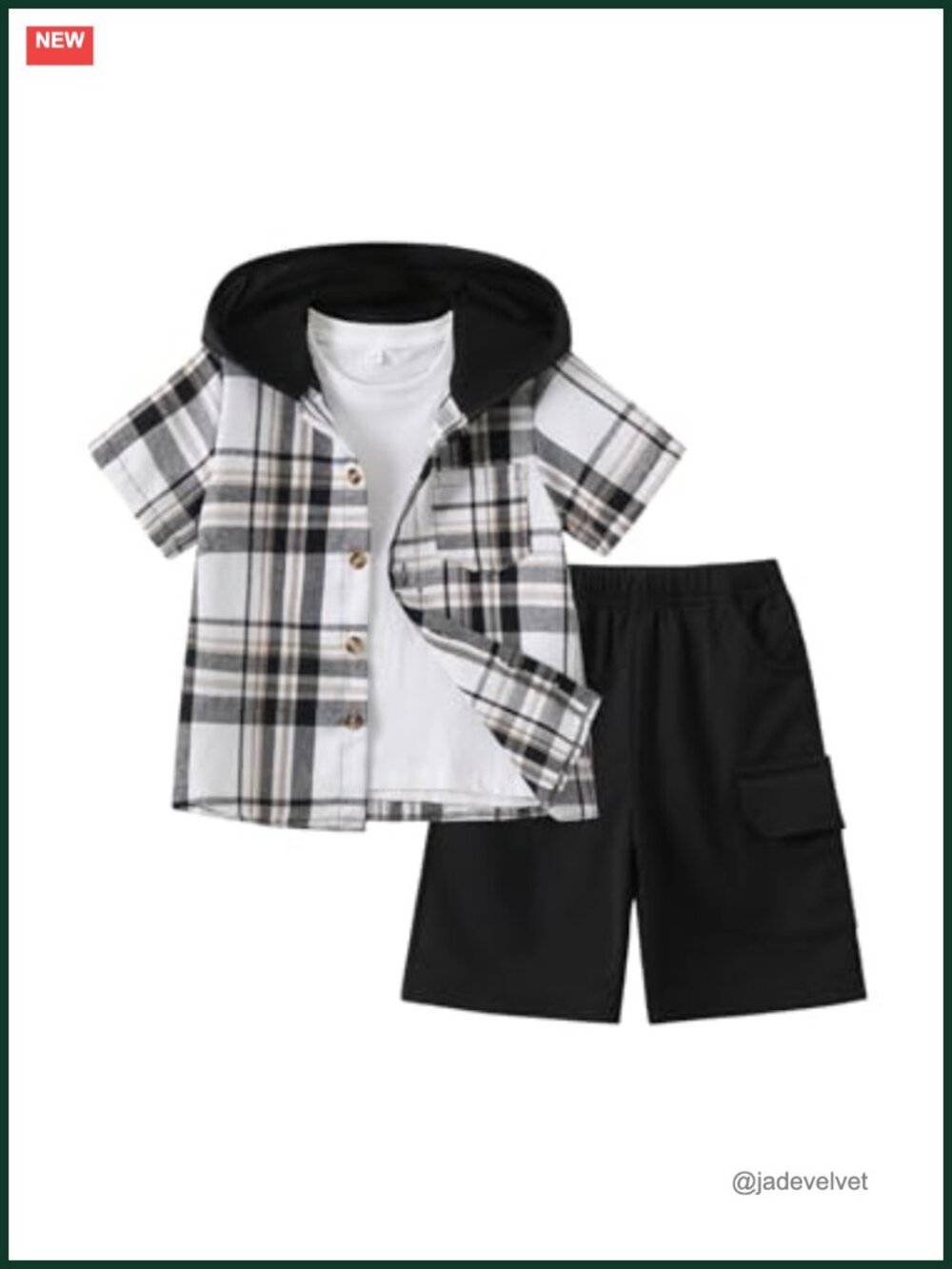 Boys Plaid Hooded Button Shirt & Jogger Shorts Set 2-Piece Summer Outfit